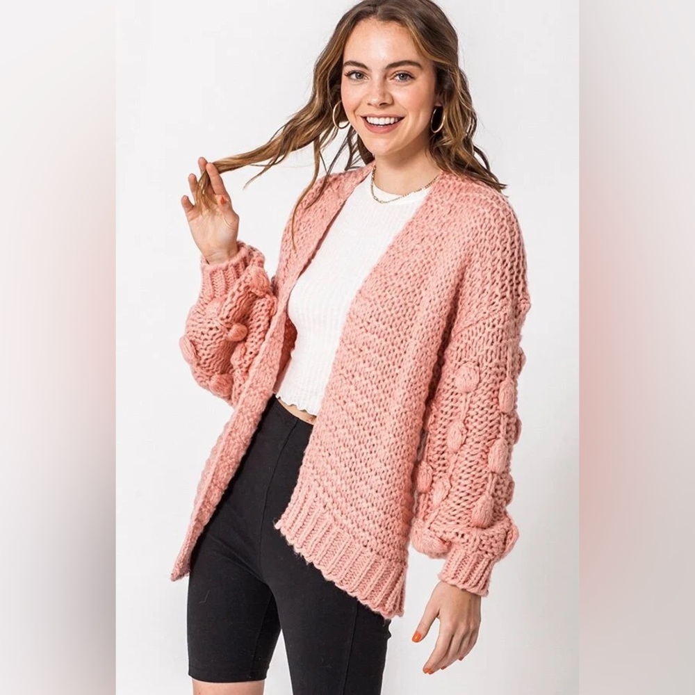 Oversized Chunky knit blush pink pom pom cardigan sweater